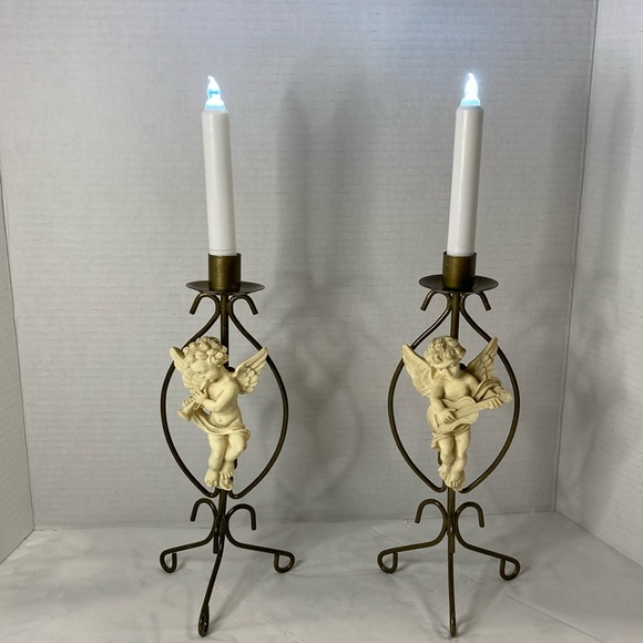 Candle Holders Metal Vintage Resin Cherub Angels Musical Instrument Set of 2 - Picture 2 of 10